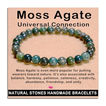 AD Beads Handmade Gemstone Stretch Elastic Bracelet Crystal Healing Reiki Nature's Beauty and Spiritual Essence Unisex (6mm, Moss Agate (Universal Connection)) - color: Moss Agate (Universal Connection), size: 6mm
