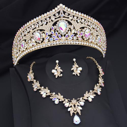 Princess Tiara Crown and Jewelry Sets for Women Wedding Rhinestone Crystal Tiaras and Crowns with Necklace Earrings Party Birthday Accessories - color: Gold AB