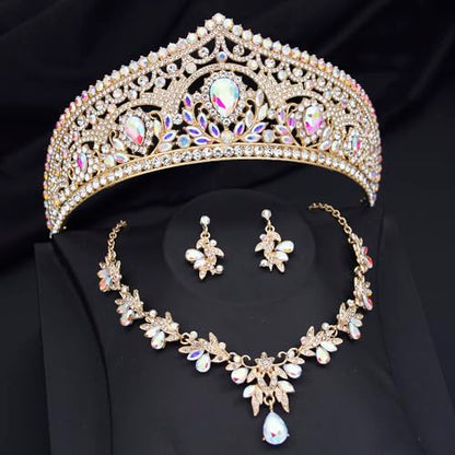 Princess Tiara Crown and Jewelry Sets for Women Wedding Rhinestone Crystal Tiaras and Crowns with Necklace Earrings Party Birthday Accessories - color: Gold AB