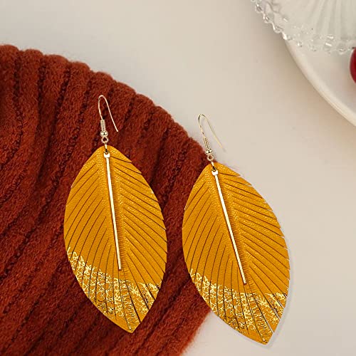 Bohemian Handmade Lightweight Color Large Genuine Soft Leather Fringe Feather Leaf Tear Dangle Drop Earrings for Women Statement - color: 2-Yellow