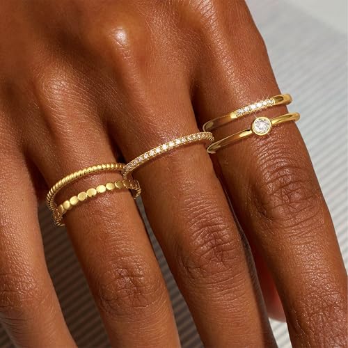 Stackable Gold Rings for Women Non Tarnish, Trendy Thin 14k Gold Plated Stacking Rings Set for Women Dainty Small Cubic Zirconia Thumb Engagement Rings Bands for Women Size 5 6 7 8 9 10