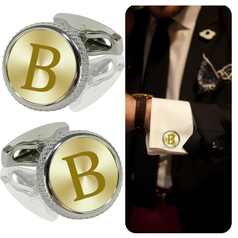 Mens Classic Stainless Steel Initial Cufflinks 26 Alphabet Letter Cufflinks Business Wedding Anniversary Birthday Tuxedo Studs Shirts A-Z (B)