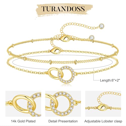 Turandoss 14K Gold Plated Interlocking Circle Bracelet Gifts for Women | Cubic Zirconia Circles Bracelets, Layered Twisted Circle Bracelet for Women, Trendy Jewelry Gifts - color: CZ Interlock Bracelet