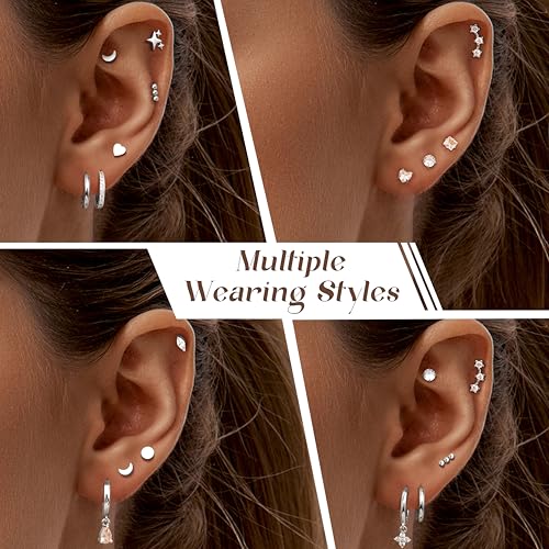 Florideco Hypoallergenic Flat Back Earrings for Women 14K Gold Plated Surgical Steel Stud Hoop Earrings for Sensitive Ears Stainless Steel Earrings Flatback Stud Cartilage Earring Set - color: Silver Plated Tone