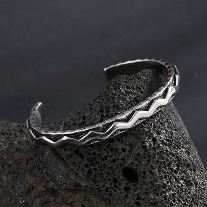Navajo-Style Geometric Cuff Bracelet, Stainless Steel Western Southwestern Tribal Open Bangle for Men Women, Vintage Oxidized Statement Jewelry