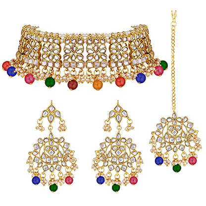 Aheli Elegant Indian Faux Kundan Studded Choker Necklace with Maang Tikka Set Ethnic Wedding Wear Bharatanatyam jewellery set Gift for Women - color: Multicolor