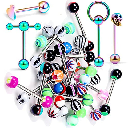 14G Silver/Rose-Gold/Rainbow Tongue Rings Piercing Jewelry for Women Men Work Surgical Steel Metal Tounge Barbell Acrylic Balls Set 29pcs - color: Rainbow