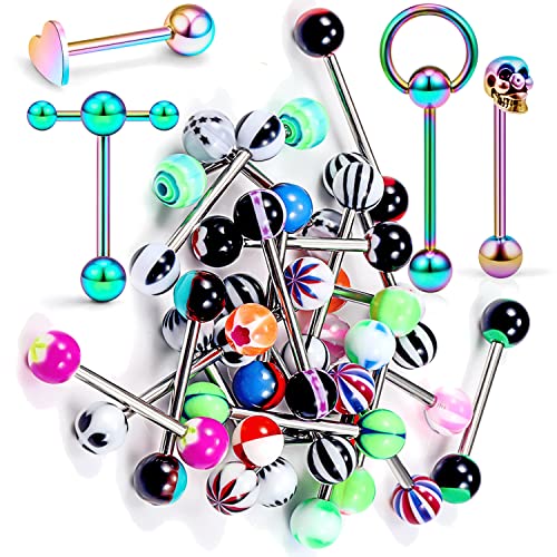 14G Silver/Rose-Gold/Rainbow Tongue Rings Piercing Jewelry for Women Men Work Surgical Steel Metal Tounge Barbell Acrylic Balls Set 29pcs - color: Rainbow