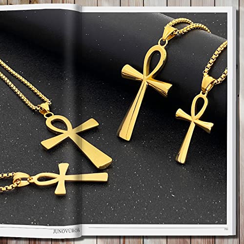 JUNOVUROS 18 to 28 Inches Rolo Chain Ancient Ankh Cross Pendant Necklace for Men Women Boys Girls 316L Stainless Steel with Large And Medium Sizes - color: A-Gold/Size: 1.77 '' * 0.98 ", style: 28 Inches
