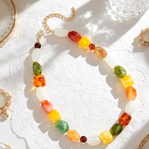 YUJIE Chunky Heart Pendant Necklace for Women- Exaggerated Statement Puff Heart Necklace with Acrylic Beaded Chain - color: A-Yellow Multicolour