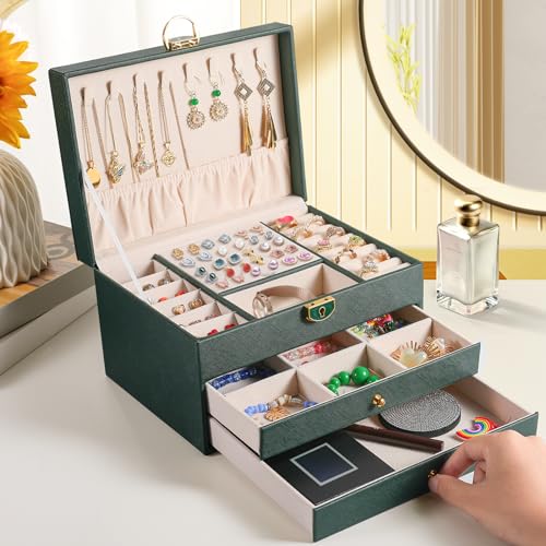 coobest 3 Layer Jewelry Box, Jewelry Holder Organizer with 2 Drawer Tray, Large boxes for Women Velvet Earring Organizer, Lockable & Organizers, Birthday Gifts for Women Mom, Green - color: Green, size: 3 Layer