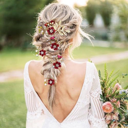 5 PCS Bridal Flower Wedding Hair Pins Crystal Pearl Headpiece Gold Wedding Hair Accessories Jewelry Rhinestone for Brides Bridesmaids Women Girls Updo, Exquisite Flower Leaves&Elegant Burgundy - color: Exquisite Flower Leaves&Elegant Burgundy