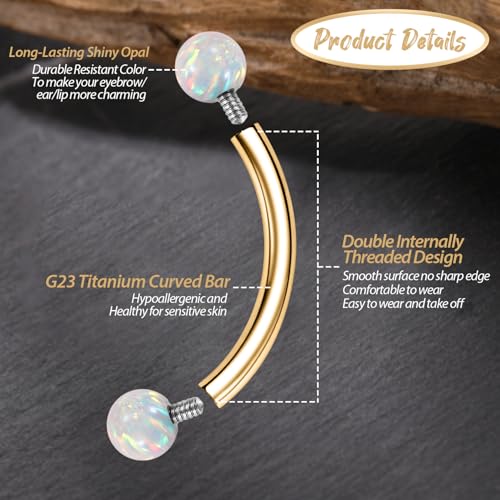GAGABODY Titanium Eyebrow Jewelry - Curved Barbell & Labret Stud, 16g - Belly Button Ring & Cartilage Earring - Opal Bridge Jewelry - color: 1Pc-Gold+Ball Shape White Opal