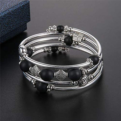 Beaded Pearl Bangle Wrap Bracelet - Fashion Bohemian Jewelry Multilayer Charm Bracelet with Thick Silver Metal Beads, Gift For Women - color: Matte Black