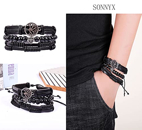 SONNYX 44 Pcs Braided Leather Bracelets for Men Women | Woven Cuff Wrap Bracelets Hemp Cords Wood Beads Ethnic Tribal Bracelets Adjustable Leather Wristbands