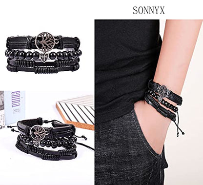 SONNYX 44 Pcs Braided Leather Bracelets for Men Women | Woven Cuff Wrap Bracelets Hemp Cords Wood Beads Ethnic Tribal Bracelets Adjustable Leather Wristbands