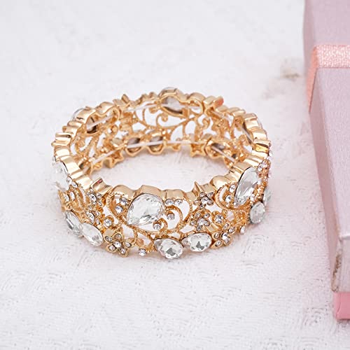 CSY Elegant Crystal Costume Jewelry Sets Flower Bridal Necklace Earrings Stretch Bangle Set for Bride Bridesmaid Wedding Dress Accessories - color: white crystal-gold tone