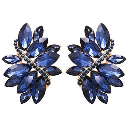 Rosemarie Collections Women's Dazzling Crystal Marquis Leaf Cluster Statement Clip On Earrings, 1.87" - style: Montana Blue Crystal Gold Tone
