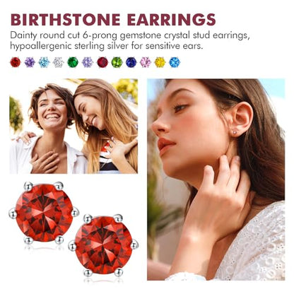 DAYBYDAY 925 Sterling Silver Birthstone Earrings for Women, Crystal Stud Earrings, 6.5mm Round Cut Solitaire Gemstone Earrings Birthday Jewelry - style: Round Cut-01. Jan/created garnet