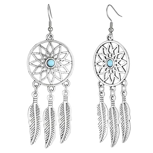 Blue Turquoise Dream Catcher Feather Earrings for Women Vintage Bohemian Western Jewelry - style: Silver Sunflower