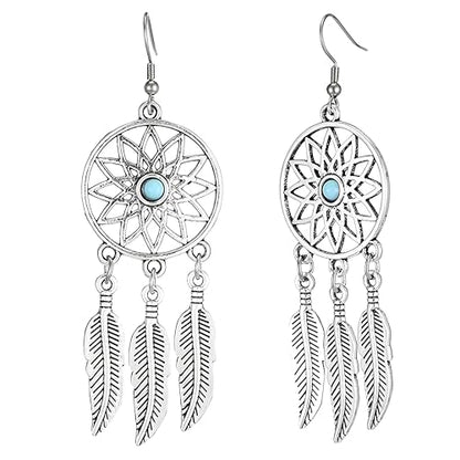 Blue Turquoise Dream Catcher Feather Earrings for Women Vintage Bohemian Western Jewelry - style: Silver Sunflower