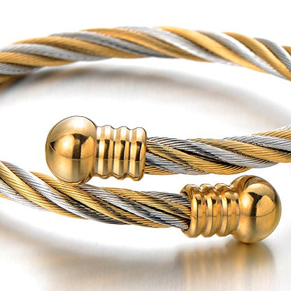 COOLSTEELANDBEYOND Elastic Adjustable Steel Twisted Cable Cuff Bangle Bracelet for Mens for Women - color: A-Metal Color: Silver & Gold-01