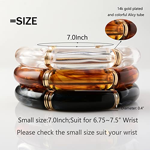 GOOJIDS Simple Beaded Gold Plated Bangles Bracelet Chunky Bamboo Tube Curved Stacking Clear Acrylic Colorful Beads Stretchable Gold Plated Bracelets Set For Women - color: Q-Black 3PCS Set