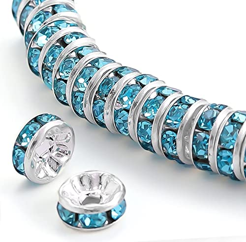 200Pcs 8mm Rondelle Spacer Beads Silver Plated Lake Blue Crystal Rhinestone for Jewelry Making Loose Beads for Bracelets - color: lake blue, size: 8mm