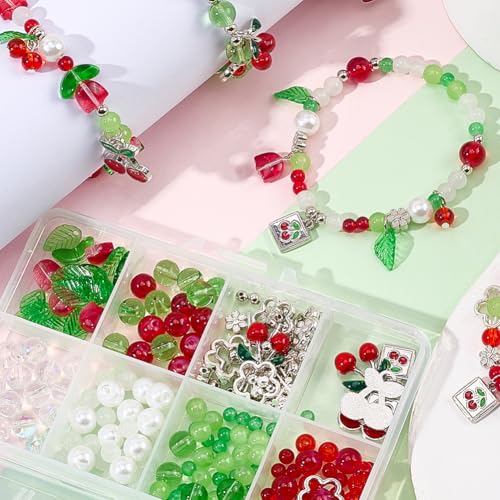 SUNNYCLUE 1 Box DIY 6 Sets Christmas Bracelet Making Kit Cherry Charms Metal Alloy Enamel Green Leaves Red Fruits Food Cherry Dangle Baking Painted Glasses Beads Charm for Jewelry Making Kits Starter - style: Cherry 1