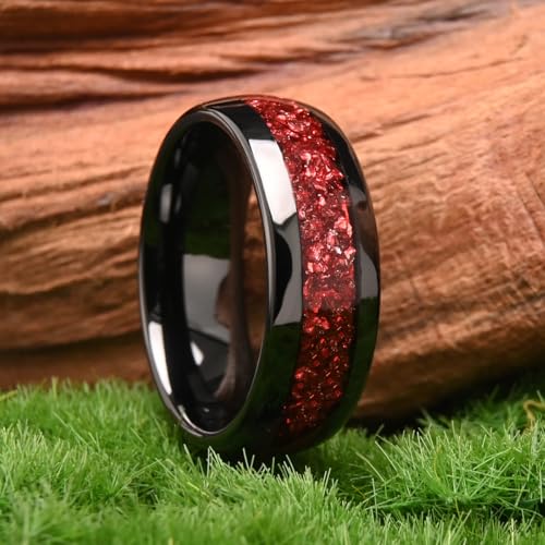 Tungsten Rings for Men and Women 8mm/4mm Men’s Wedding Bands | 8mm Black Inlaid Purple Galaxy Opal Fashion High Polished Suitable for engagement and anniversary parties comfortable fit - color: 8mm black and red