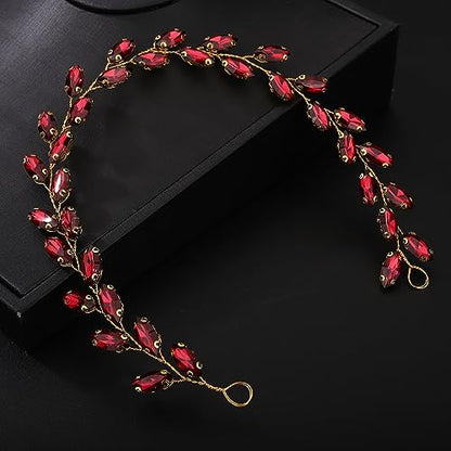 Teyglen Bride Wedding Crystal Hair Vine Full Red Crystal Headband - Bridal Hair Accessories Wedding Headpiece Handmade Rhinestone Hair Piece for Women Girls (Wine Red) - color: Wine Red