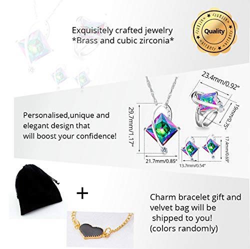 Uloveido Charm Created Topaz Big Square Crystal Necklace Matching Stud Earrings Rings Jewelry Set T295 - color: Rainbow