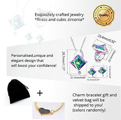 Uloveido Charm Created Topaz Big Square Crystal Necklace Matching Stud Earrings Rings Jewelry Set T295 - color: Rainbow