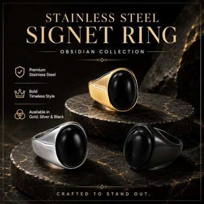 Stainless Steel Tiger Eye Obsidian Ring for Men Women, Oval Stone Signet Ring, Gold Silver Black Tone Stainless Steel Statement Jewelry Gift for Daily Wear - color: Black Obsidian
