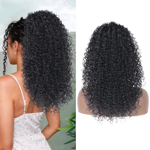 Alebery 20 Inch Drawstring Ponytail Extension for Black Women Deep Curly Ponytail Extension Synthetic Mixed with Human Hair Hairpieces Afro Kinky Curly Pony Tail for Daily Use (Black) - color: Black, size: 20 Inch