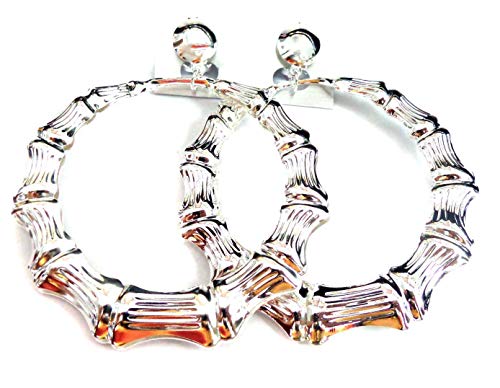 Clip-on Hoop Earrings Bamboo Silver Tone Old School 2.5 inch Hoop Earrings Non Pierced