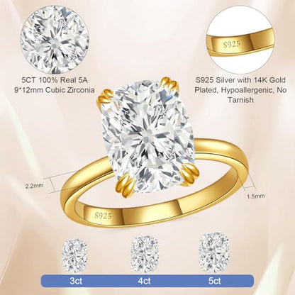 5CT Elongated Cushion Cut Engagement Ring Travel Band Size5-10 | Big Look CZ Fake Engagement Ring, 925 Sterling Silver 14K/White Gold Plated, Wedding Promise Anniversary Statement Gift - color: Gold
