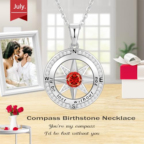 Peeshow Compass Birthstone Necklace for Women Wife, S925 Sterling Silver Gift for Wife Wedding Anniversary Birthday Gifts for Women Jewelry for Her Girlfriend I'd be Lost without You - style: 07-July-Ruby
