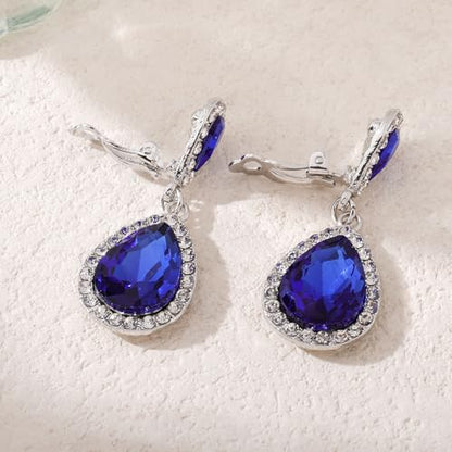 Classic Austrian Crystal Tear Drop Clip on Dangle Earrings for Women - color: Blue,Silver