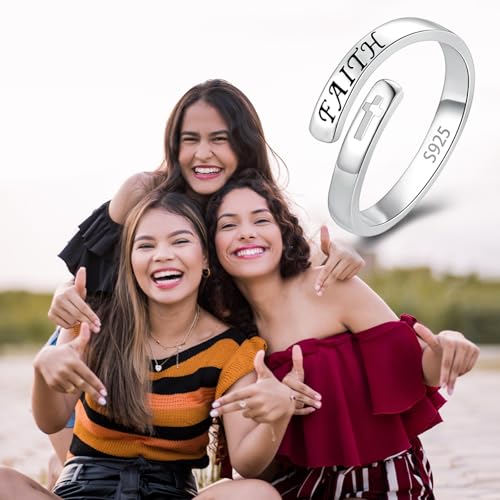 Fookduoduo 925 Sterling Silver Ring Inspirational Jewelry adjustable Wrap Open Rings for Women - style: faith ring