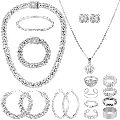 Inbagi Maitys 15 Pcs Halloween Jewelry Women Chain Necklace Bracelet Stud Earrings Hoops Bracelet Big Circle Earring Rings Set - style: Cuban