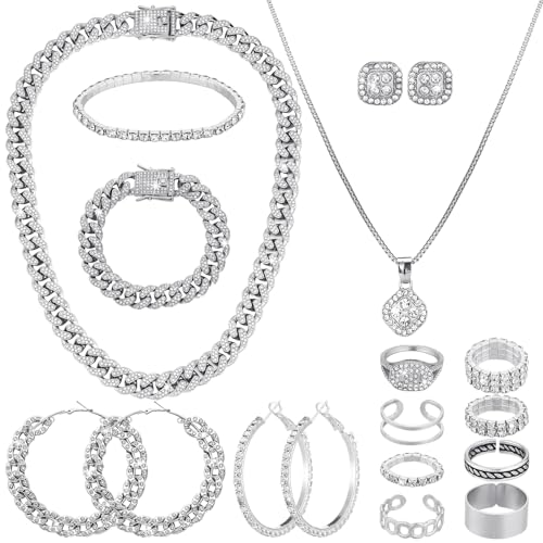 Inbagi Maitys 15 Pcs Halloween Jewelry Women Chain Necklace Bracelet Stud Earrings Hoops Bracelet Big Circle Earring Rings Set - style: Cuban
