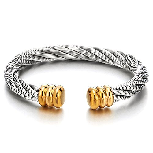 COOLSTEELANDBEYOND Large Elastic Adjustable Steel Twisted Wire Cuff Bangle Bracelet for Men Women - color: F-Metal Color: Silver & Gold