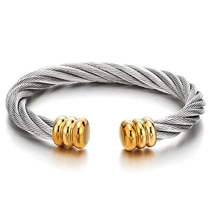 COOLSTEELANDBEYOND Large Elastic Adjustable Steel Twisted Wire Cuff Bangle Bracelet for Men Women - color: F-Metal Color: Silver & Gold