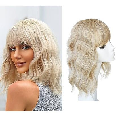 Synthetic Loose Water Wave Hair Topper With Bangs, Mixed Blonde | Clip in Hair Topper Synthetic Hair Toupee for Women Girls (13inch) - size: 13 Inch