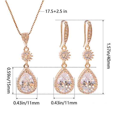AMYJANE Elegant Jewelry Set for Women - Silver Teardrop Clear Cubic Zirconia Crystal Rhinestone Drop Earrings and Necklace Bridal Jewelry Sets Best Gift for Bridesmaids - style: Angle Tears (14k Yellow Gold Plated)