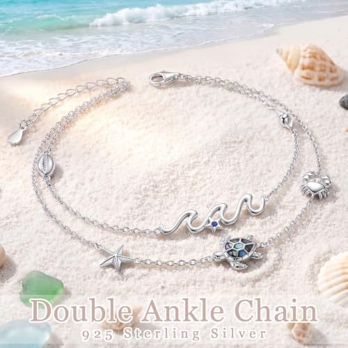 FLYOW Sea Turtle Wave Cowrie Shell Layered Anklet Bracelet Sterling Silver | Adjustable 9-11 Inch Natural Abalone Shell Starfish Crab Boho Beach Summer Jewelry, Birthday Holidays Gifts for Women