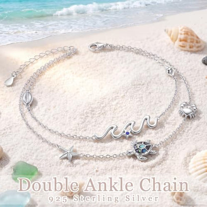 FLYOW Sea Turtle Wave Cowrie Shell Layered Anklet Bracelet Sterling Silver | Adjustable 9-11 Inch Natural Abalone Shell Starfish Crab Boho Beach Summer Jewelry, Birthday Holidays Gifts for Women