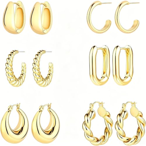 6 Pairs 14K Gold Plated Hoop Earrings Set for Women - Chunky Geometric & Twisted Huggie Hoops, Hypoallergenic Lightweight Earrings Bundle, Trendy Stackable Jewelry for Everyday Wear