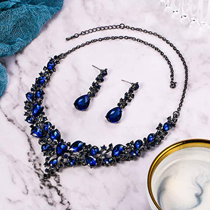 Women's Wedding Statement Necklace Dangle Earring Jewelry | Austrian Crystal Teardrop Cluster,Necklaces Earrings Set for Bride Bridesmaid,Prom Accessories - color: 07-Navy Blue Black-Tone